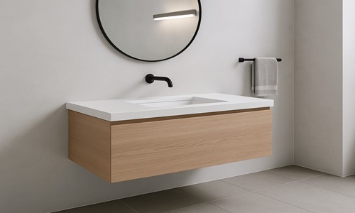 Modern bathroom with touchless faucet and floating vanity that leaves the floor open for cleaning